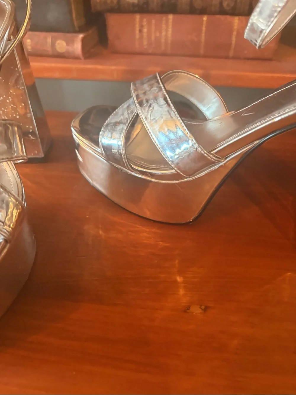 Nine West Metallic Silver Platform Block Heel Sandals